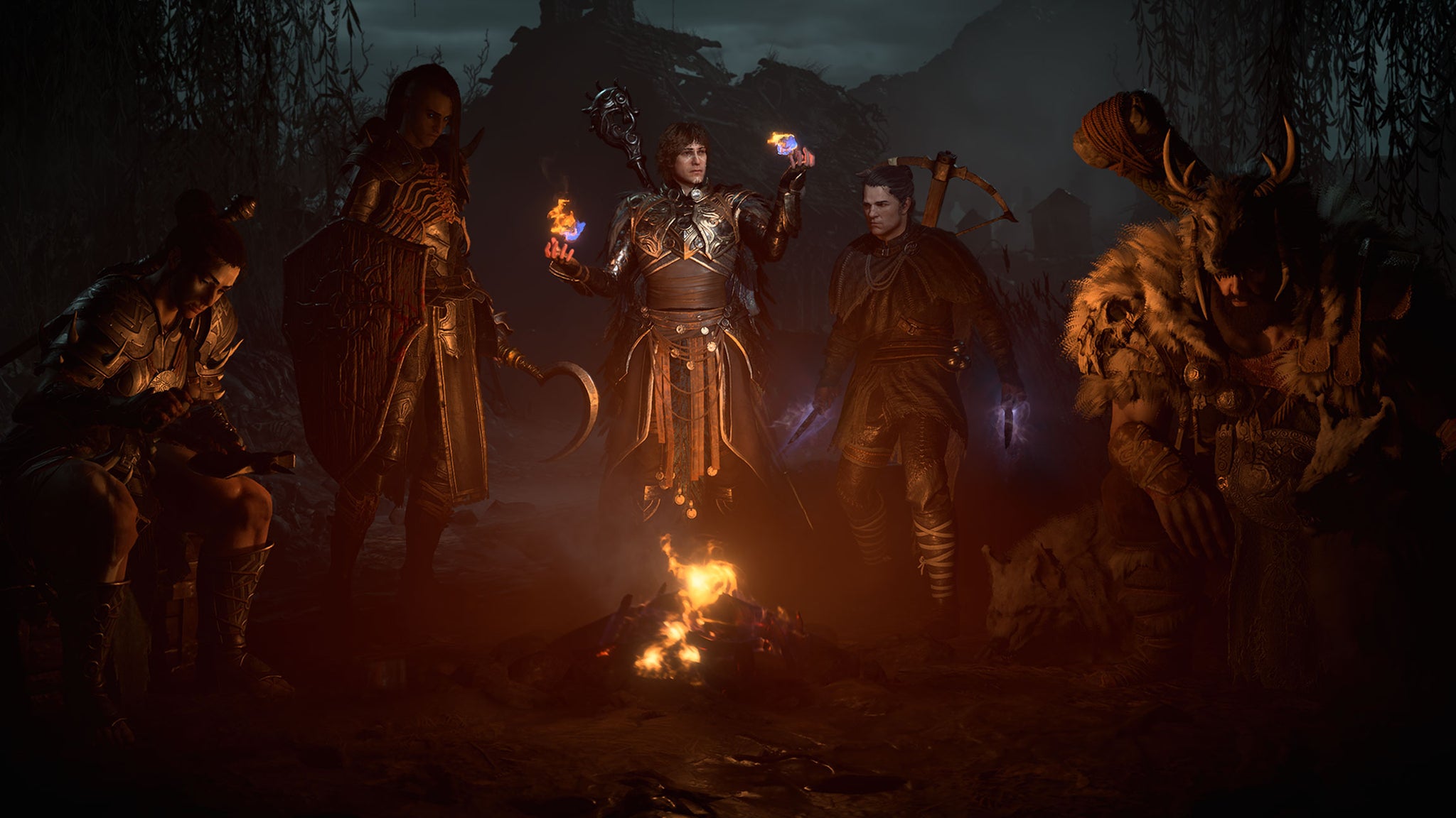 Artwork showing characters by a campfire that can be picked in the Diablo 4 beta. - 6