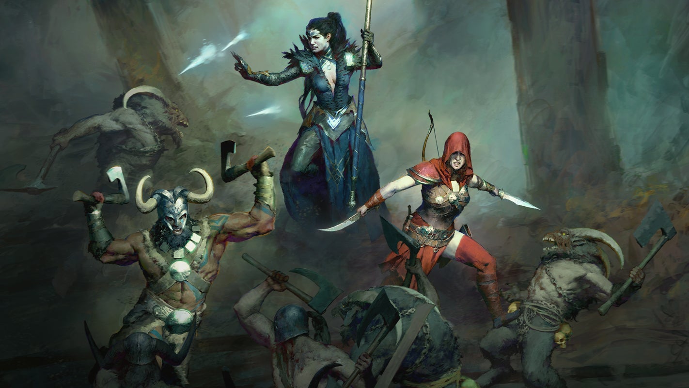 Artwork for Diablo 4 showing different characters engaged in battle.