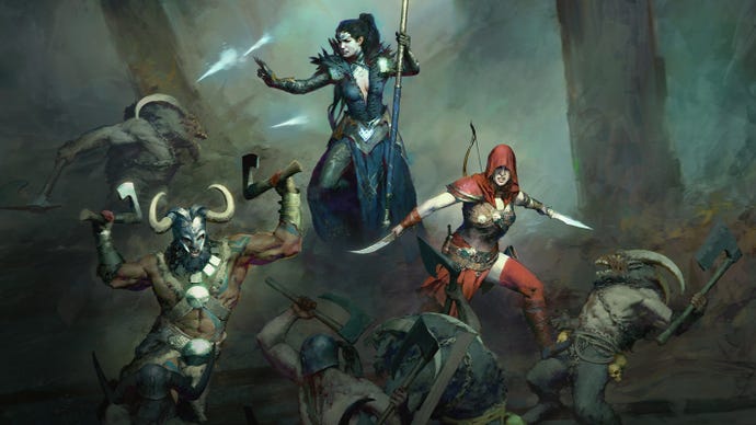 Artwork for Diablo 4 showing different characters engaged in battle.