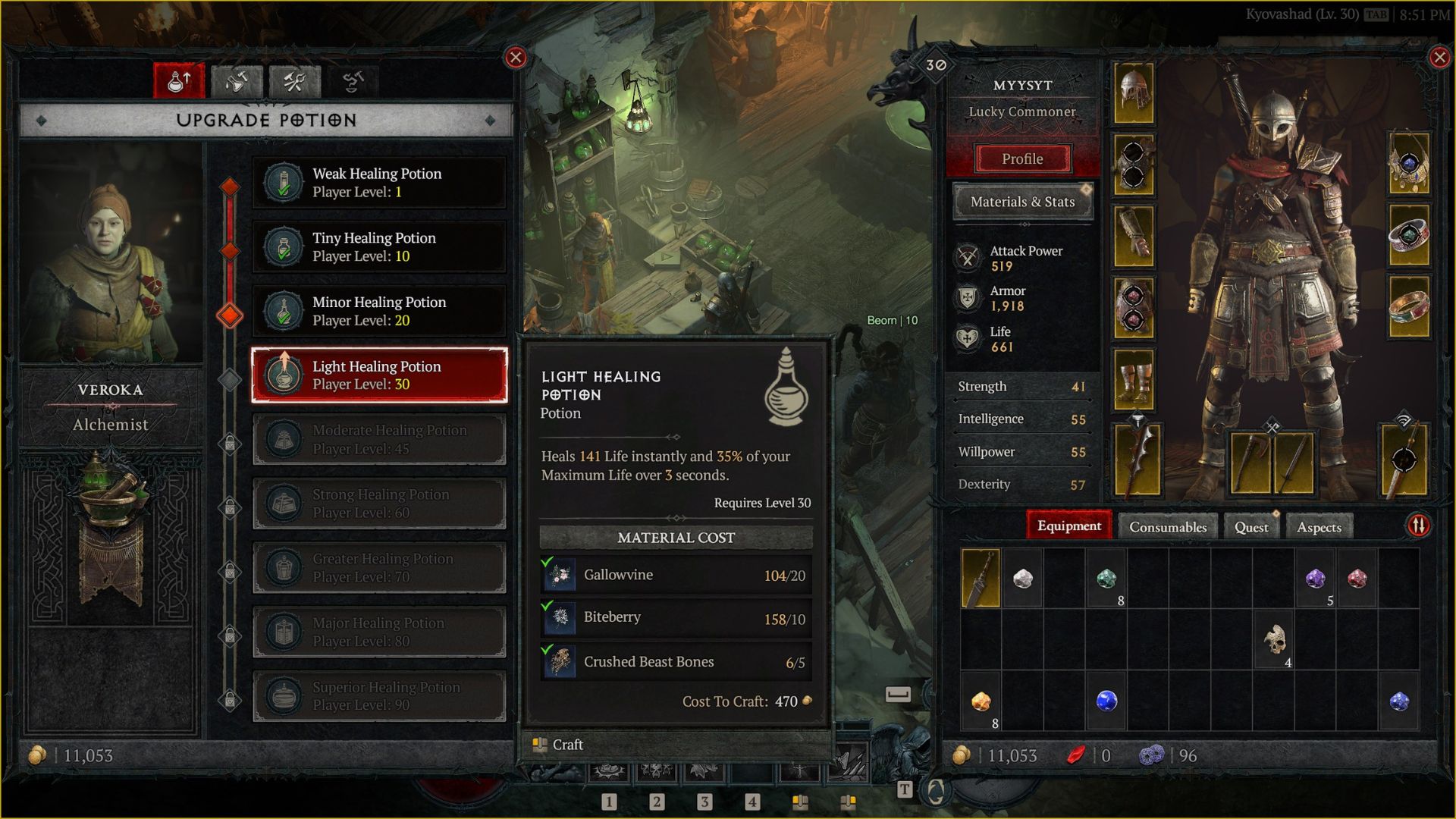 The user interface showing a potion recipe, which requires five Diablo 4 Crushed Beast Bones . - 4