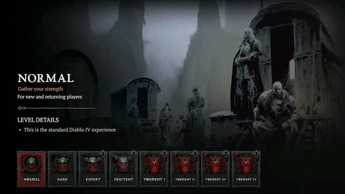 The new Diablo 4 difficulty levels, as of Season 6. Normal is displayed, and there are 7 other difficulty levels, up to Torment 4.