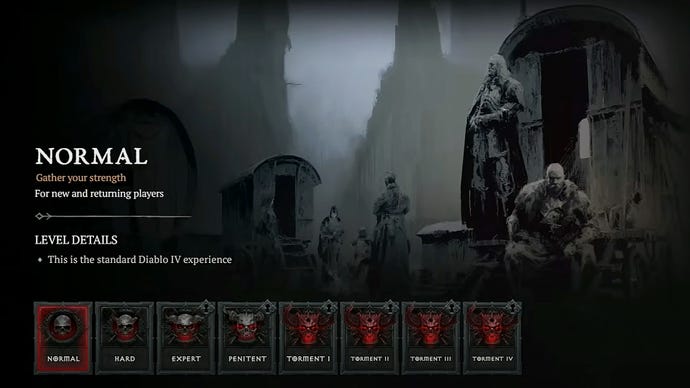The new Diablo 4 difficulty levels, as of Season 6. Normal is displayed, and there are 7 other difficulty levels, up to Torment 4.