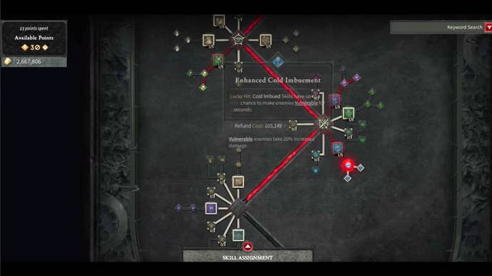 An image of a late-game Diablo 4 skill tree showing respec costs.