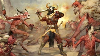 Artwork showing a Barbarian character in Diablo 4 being surrounded by enemies.