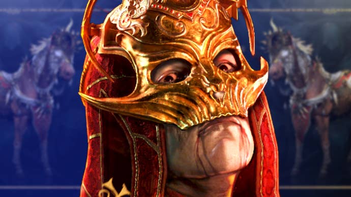 An undead person in a mask looks at the camera, in the background are two blurred horses with a blue wash over them