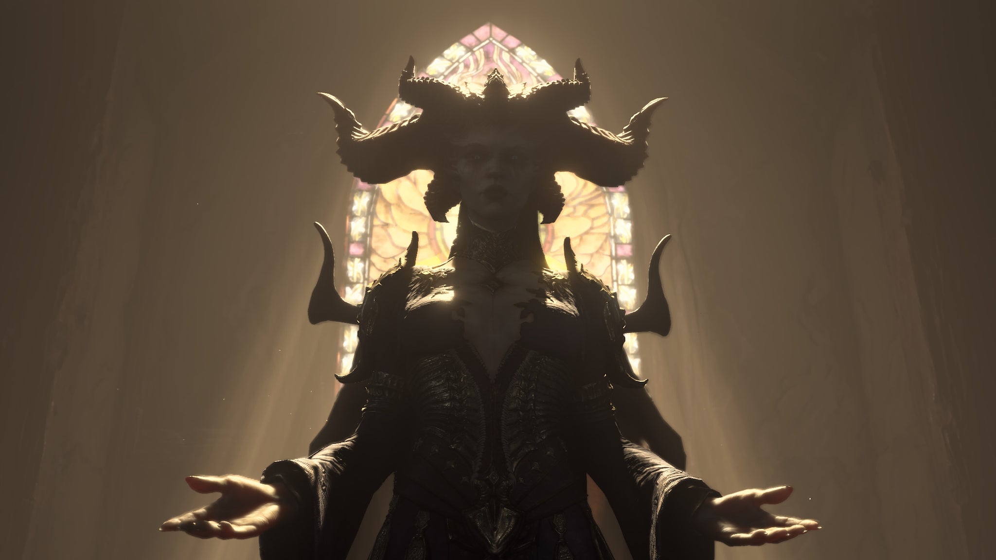 Diablo 4 gallowvine: A large woman with thick horns and a jagged black dress is depicted in relief against a pale light shining through a stained glass window - 3