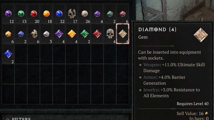 Various types of gems in Diablo 4 including Crude Gems, Chipped Gems, and Normal Gems, as well as an example of a Diamond Gem and all its statistical bonuses such as bonus Ultimate Skill damage, and Barrier Generation.
