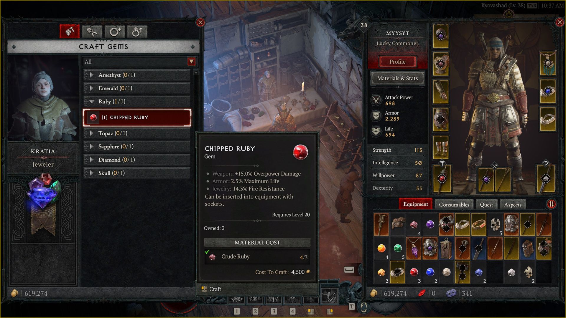 A Diablo 4 Gems user interface showing how to craft a Chipped Ruby at the Jeweler. - 6