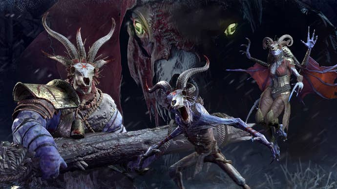 Diablo 4 promo image for the game’s Midwinter Blight event showing demonic-looking ram-like creatures