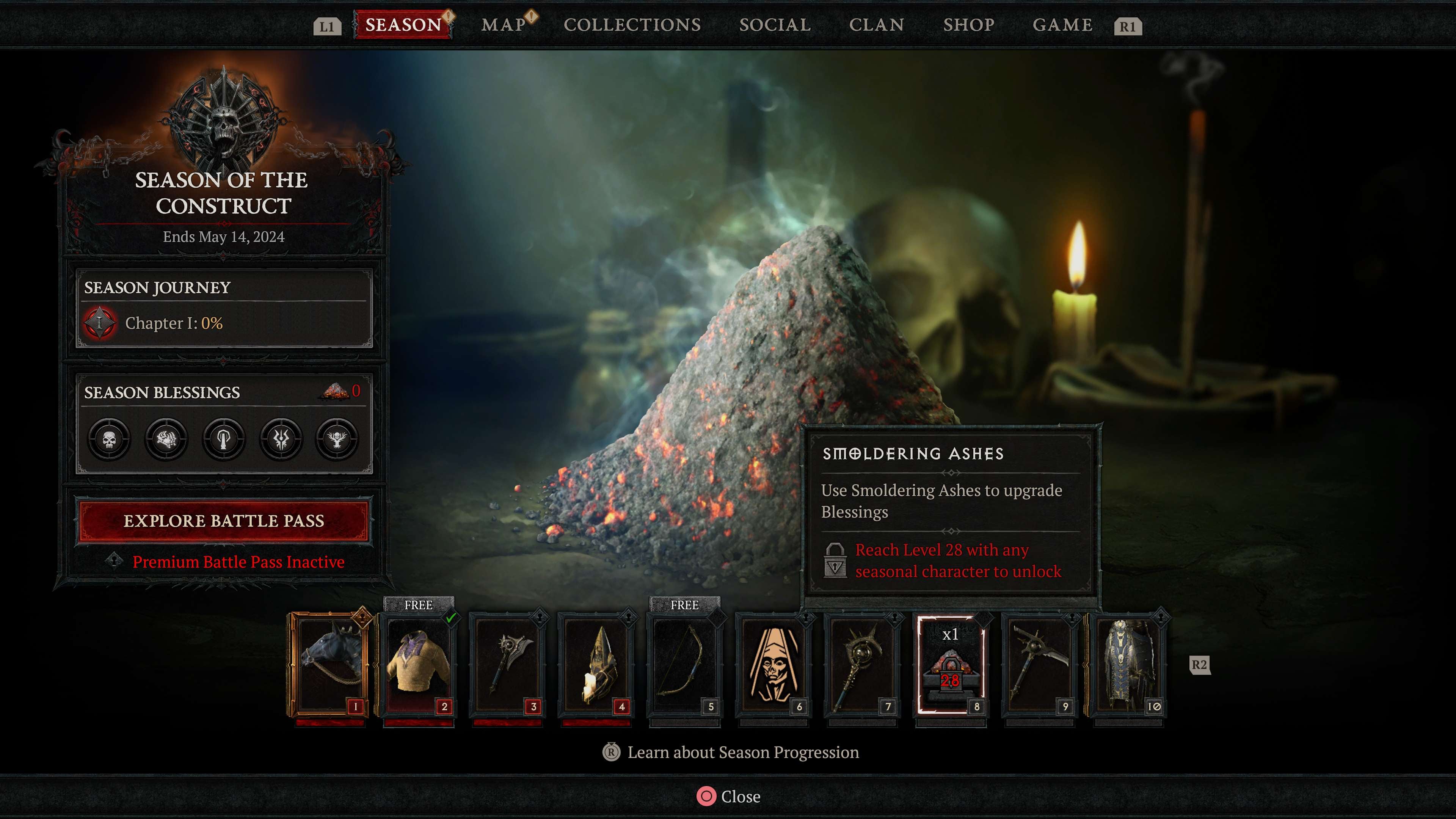 The Diablo 4 Battle Pass, showcasing the Smoldering Ashes reward.