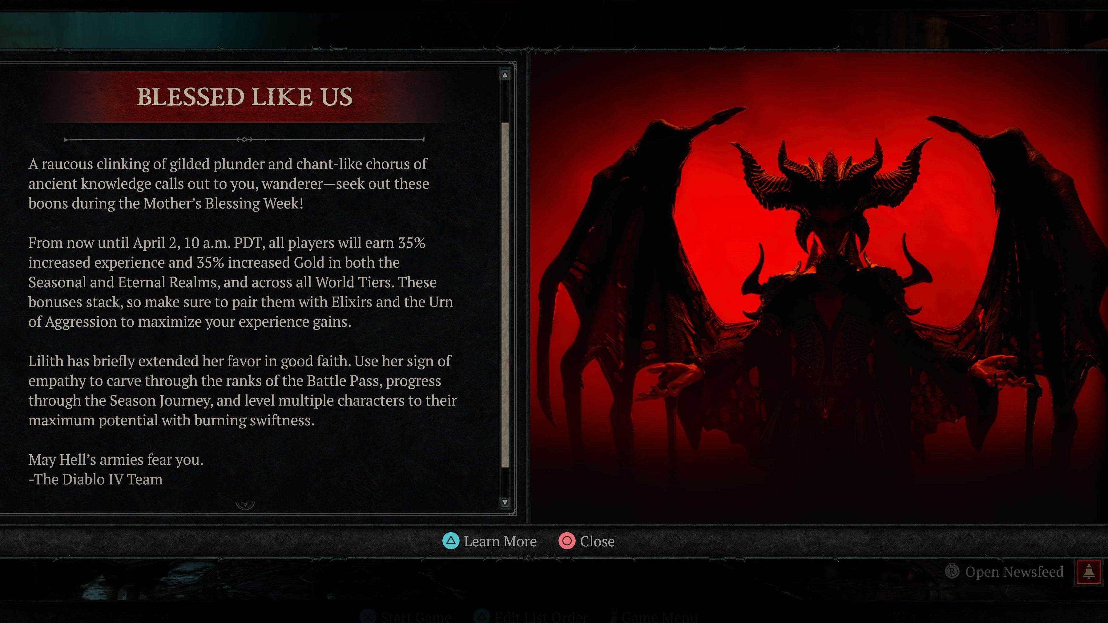 The in-game notice for the Mother&rsquo;s Blessing event in Diablo 4, boosting XP and Gold gains for the duration of the event.