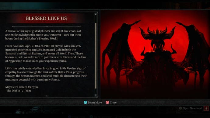 The in-game notice for the Mother's Blessing event in Diablo 4, boosting XP and Gold gains for the duration of the event.