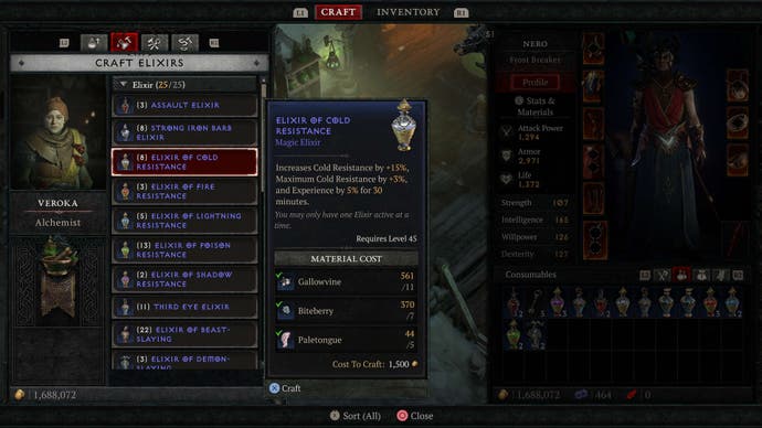The Elixir crafting screen at the Alchemist vendor.