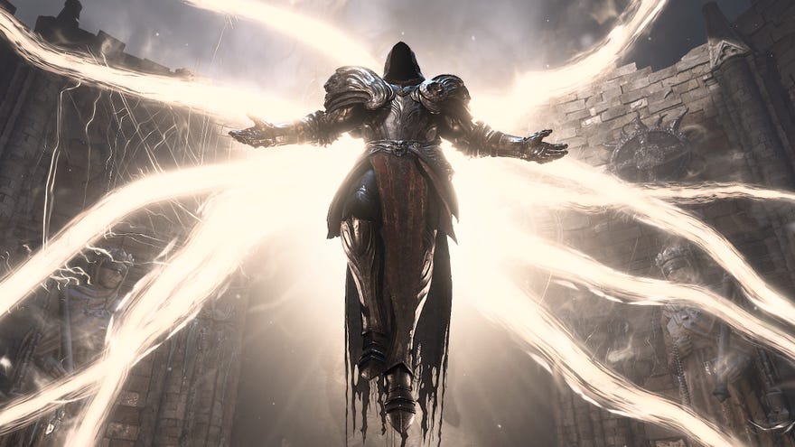 Inarius descends on wings of light in a Diablo 4 cutscene screenshot.