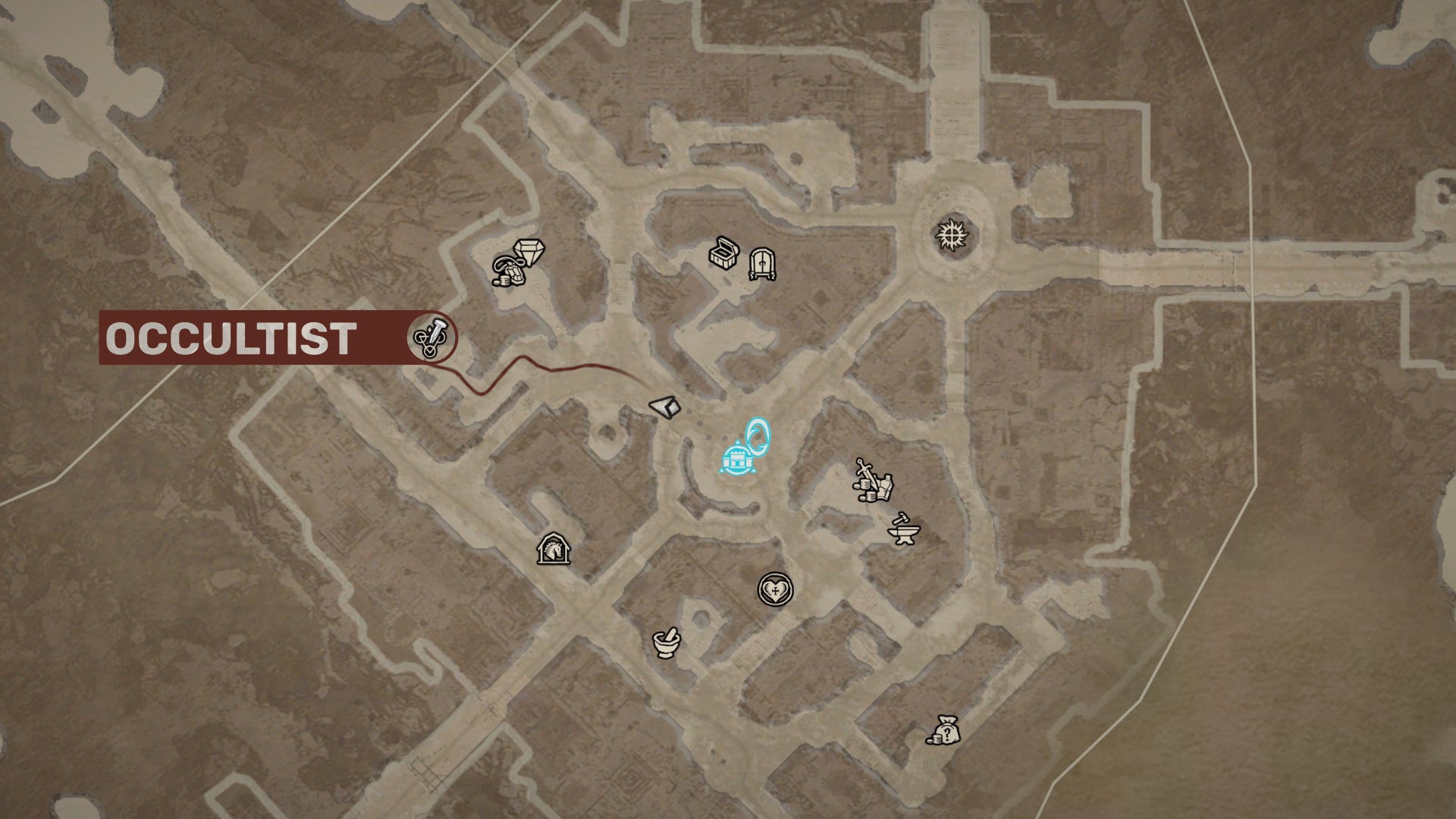 A map of Kyovashad in Diablo 4, with the Occultist location marked in red. - 4