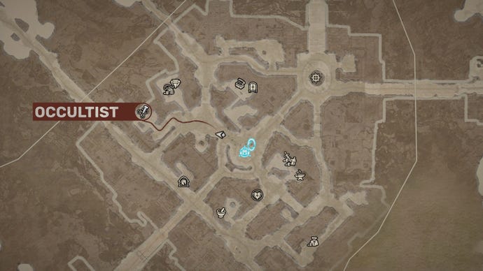 A map of Kyovashad in Diablo 4, with the Occultist location marked in red.