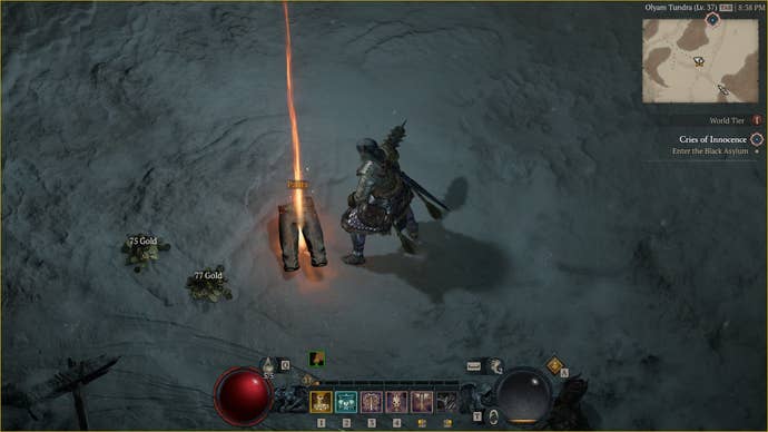 A character picks up a piece of Diablo 4 Legendary gear that has dropped from an enemy encounter.