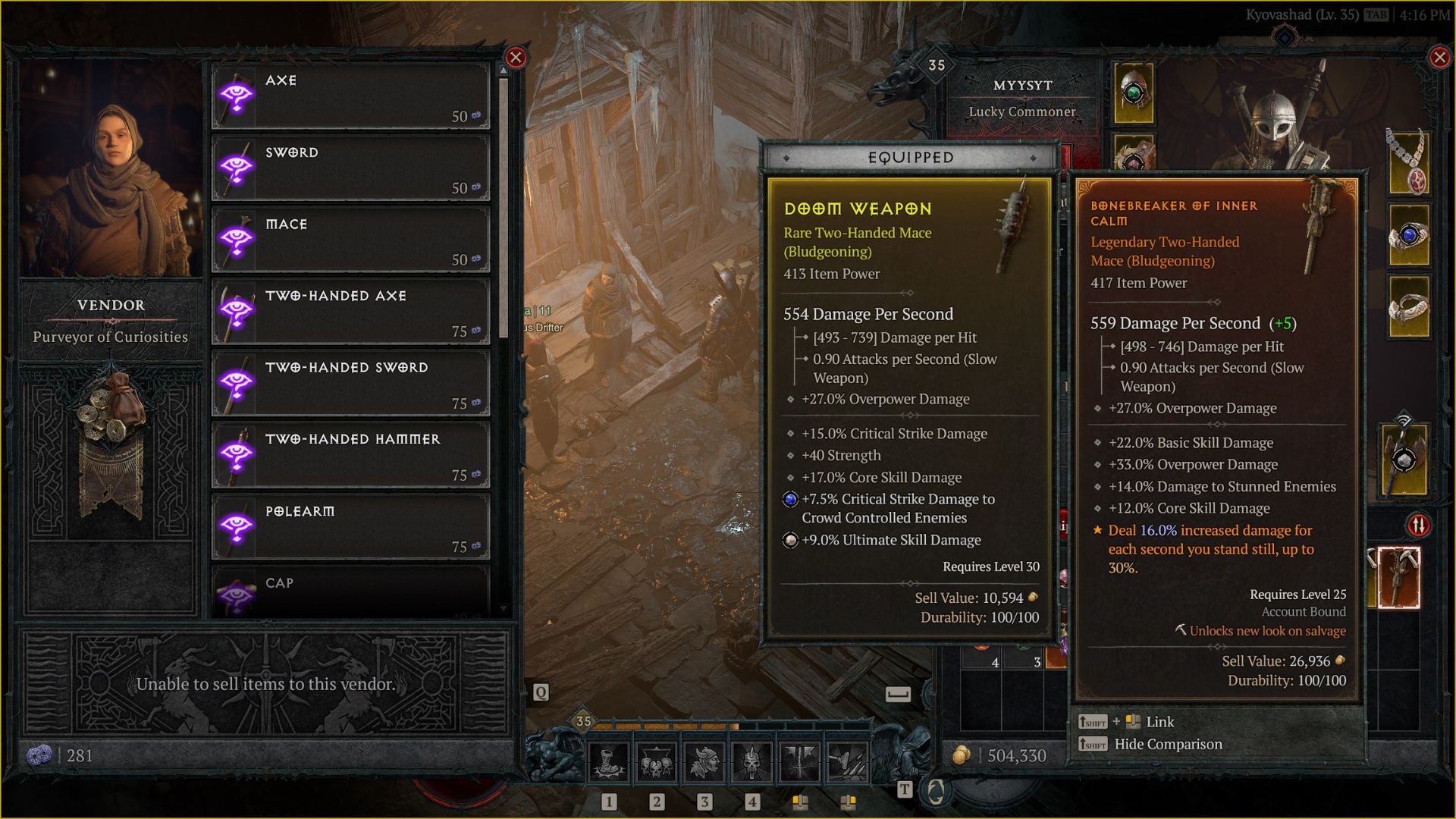 A character recieves a piece of Diablo 4 Legendary gear from the Murmuring Obols vendor. - 5