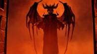 A tall, demonic woman with horns and large bat like wings stands in a doorway, red mist all around her. This is Lilith, from Diablo IV