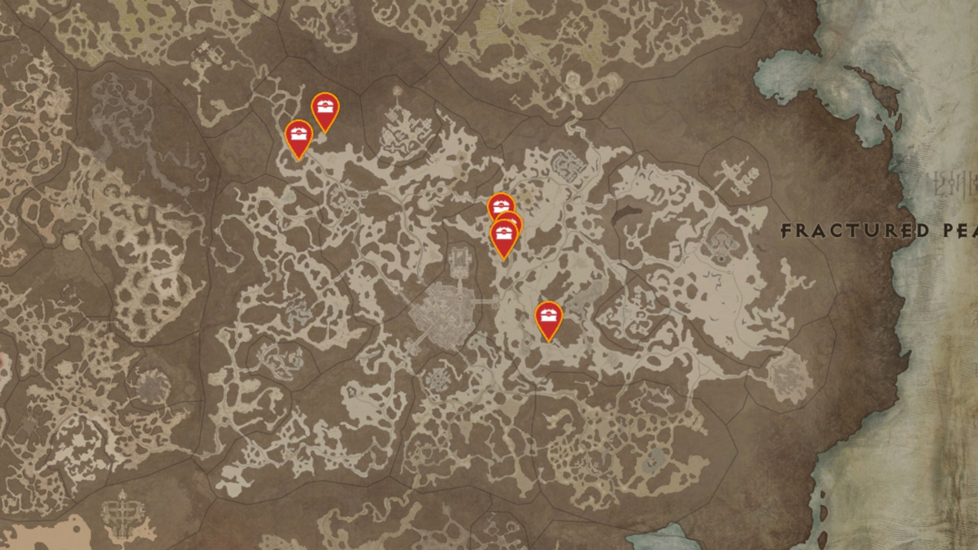A map of the Fractured Peaks region of Sanctuary in Diablo 4, with all possible Mystery Chest locations marked with red pins. - 3