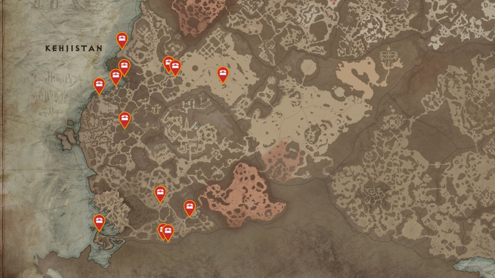 A map of the Kehjistan region of Sanctuary in Diablo 4, with all possible Mystery Chest locations marked with red pins. - 6