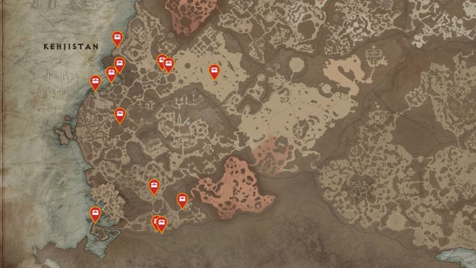 A map of the Kehjistan region of Sanctuary in Diablo 4, with all possible Mystery Chest locations marked with red pins.