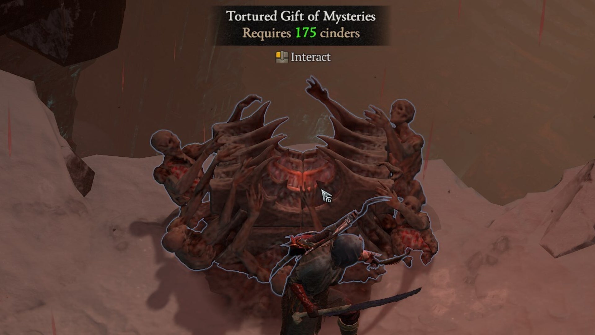 A player in Diablo 4 stands next to a Tortured Gift Of Mysteries in a Helltide region. - 1
