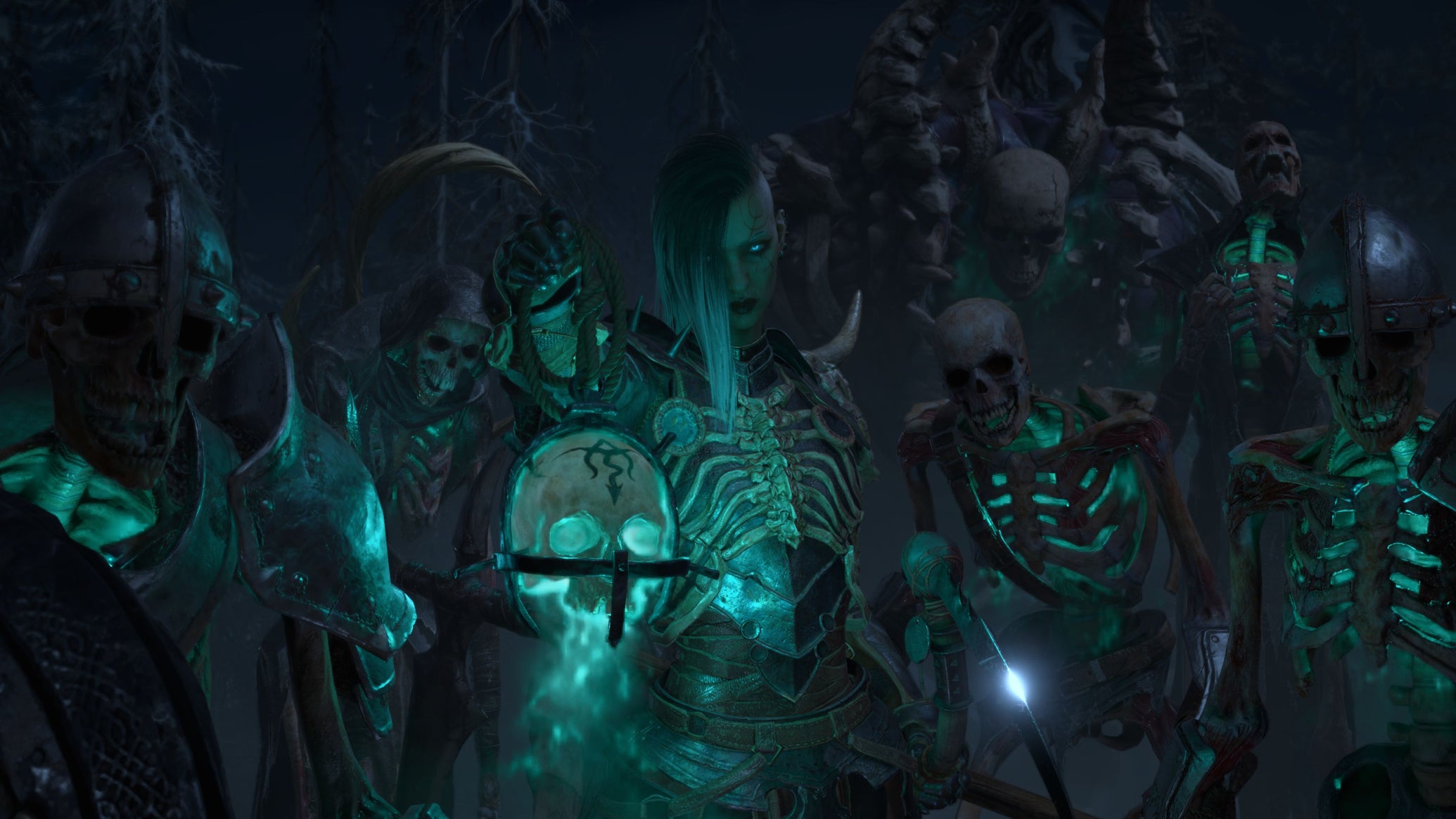 The Necromancer class in Diablo IV, surrounded by skeletons animated by glowing blue fire in a screenshot from the cinematic - 1