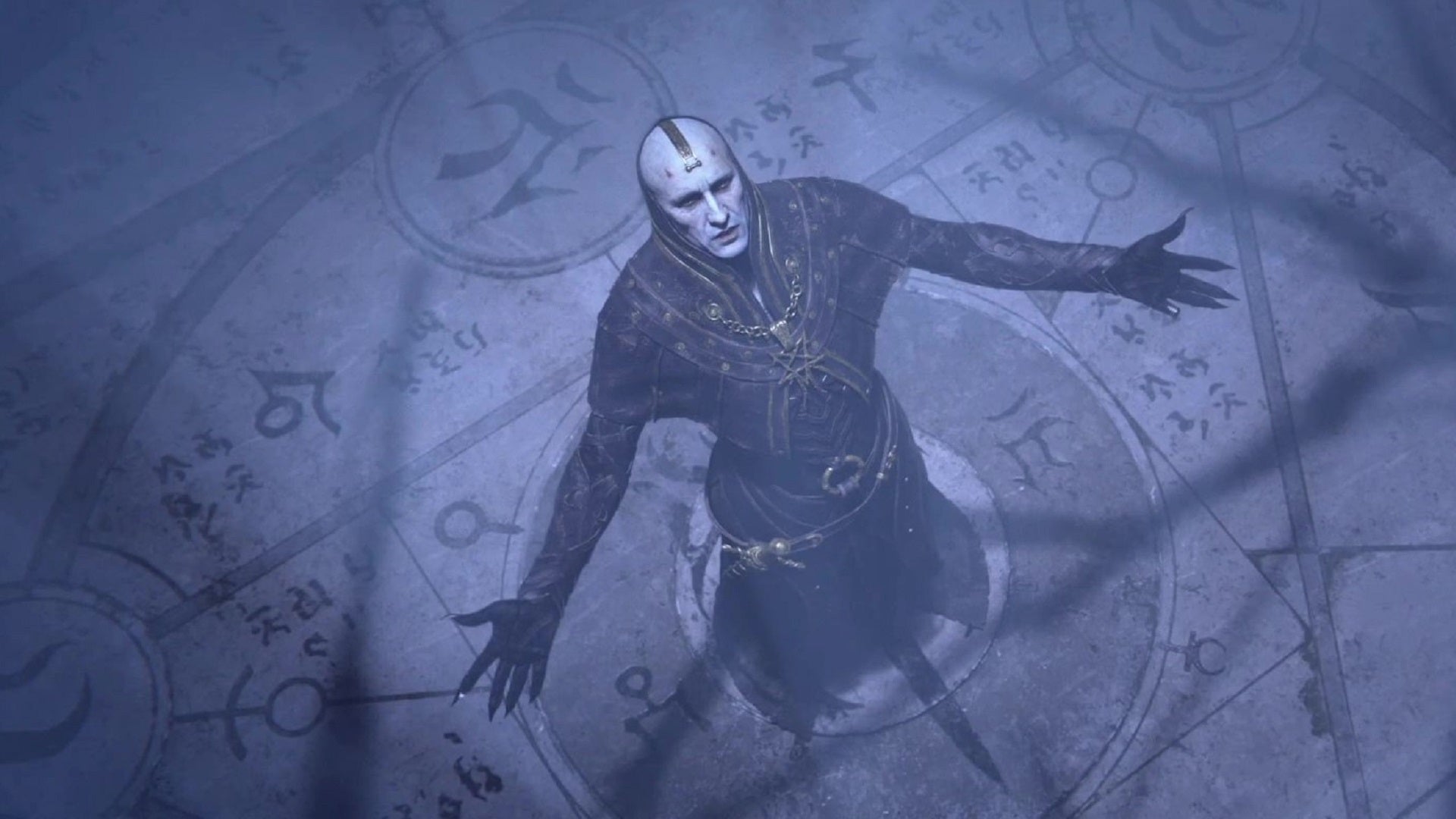 A male cultist stands in the centre of a summoning circle with his arms spread wide as he summons Lilith. We view him from above, presumably from Lilith&rsquo;s point-of-view.