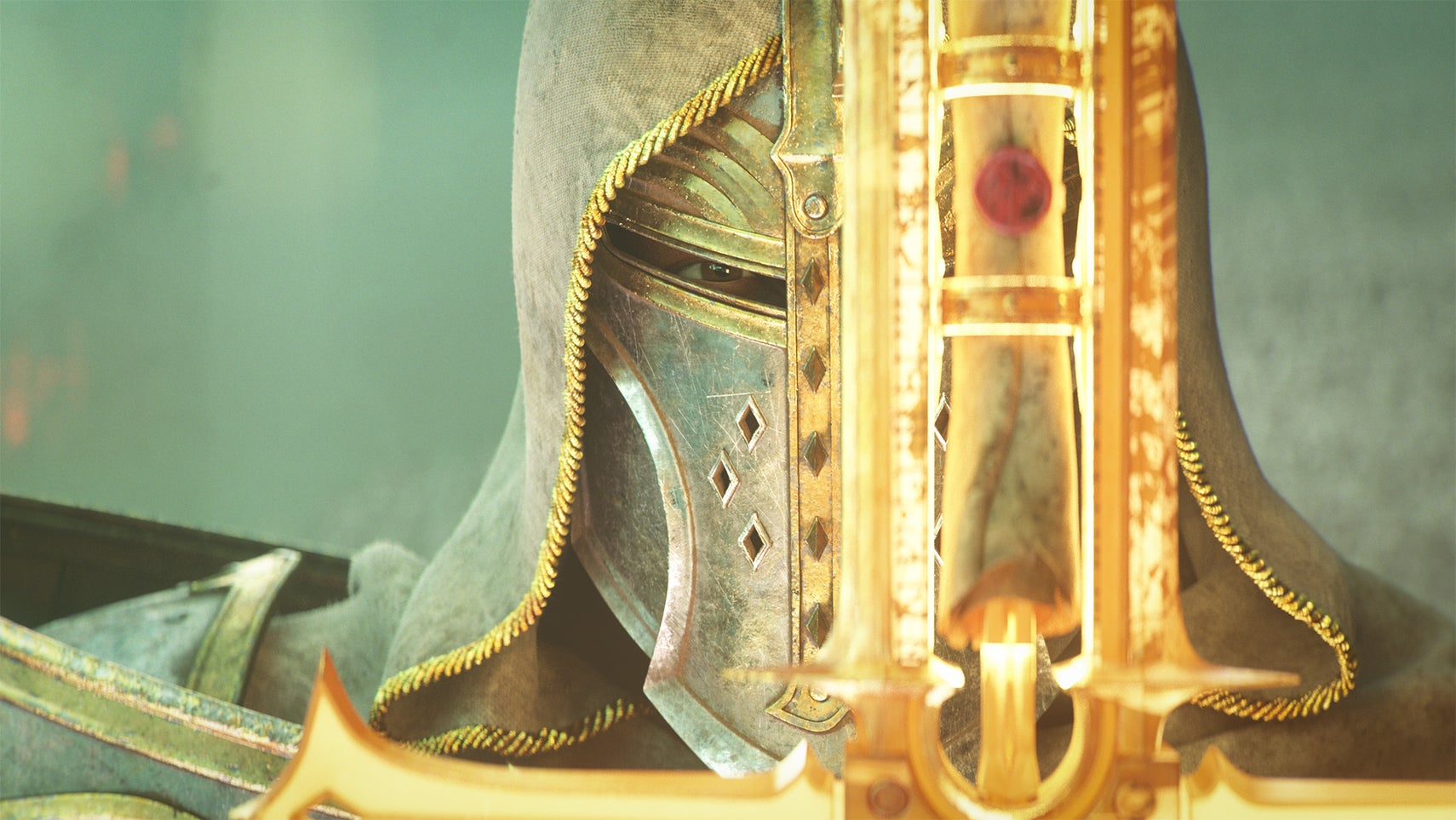 A close-up of a paladin character. We see a hooded face covered entirely with a metal helmet holding a large glowing sword in front of them.