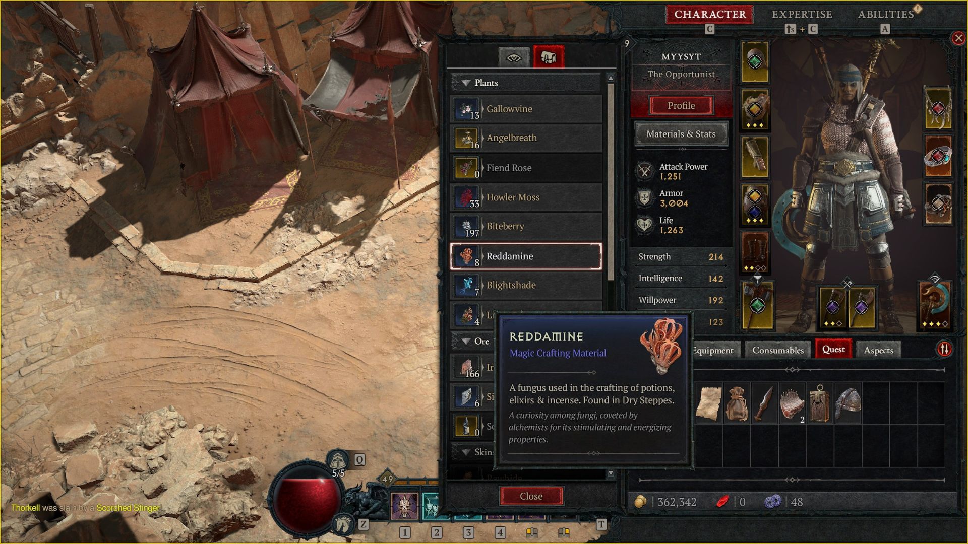 A menu showing Diablo 4 Reddamine in the character's inventory. - 6