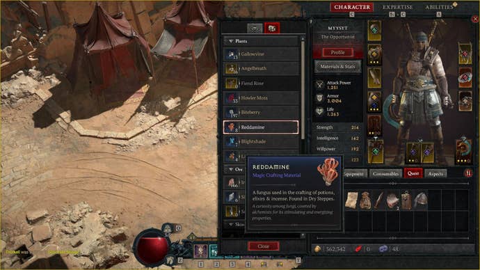 A menu showing Diablo 4 Reddamine in the character’s inventory.