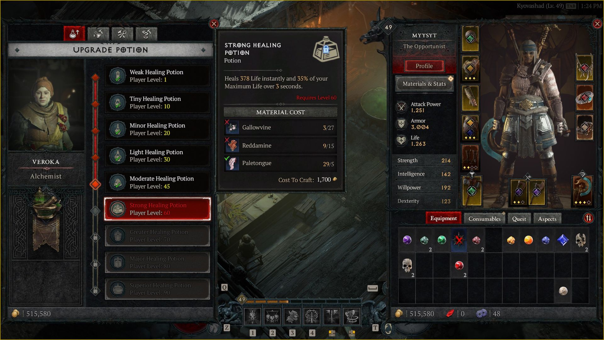 A potion menu showing the amount of Diablo 4 Reddamine needed to upgrade the potion. - 5