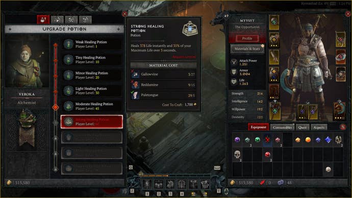 A potion menu showing the amount of Diablo 4 Reddamine needed to upgrade the potion.