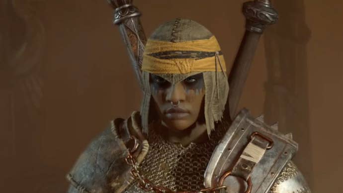 A Diablo 4 Barbarian character showing off their armor.