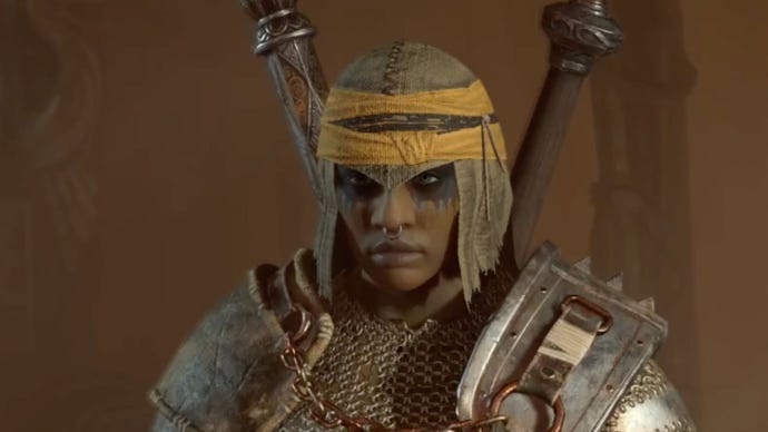 A Diablo 4 Barbarian character showing off their armor.