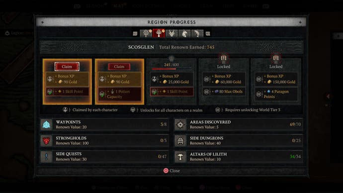 The Renown screen in Diablo 4 on a newly-created Seasonal Realm character, showing pre-existing progress that carries over from a prior character.