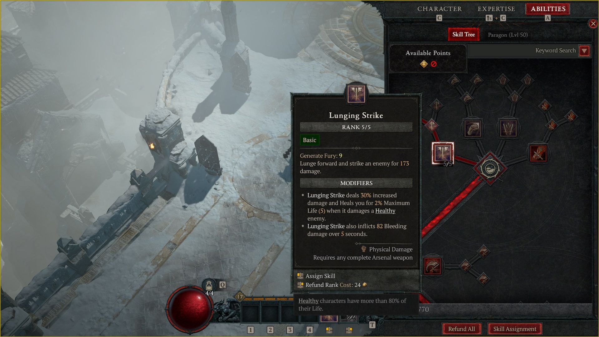 User interface showing the Diablo 4 skill point tree and showing costs to respec. - 4