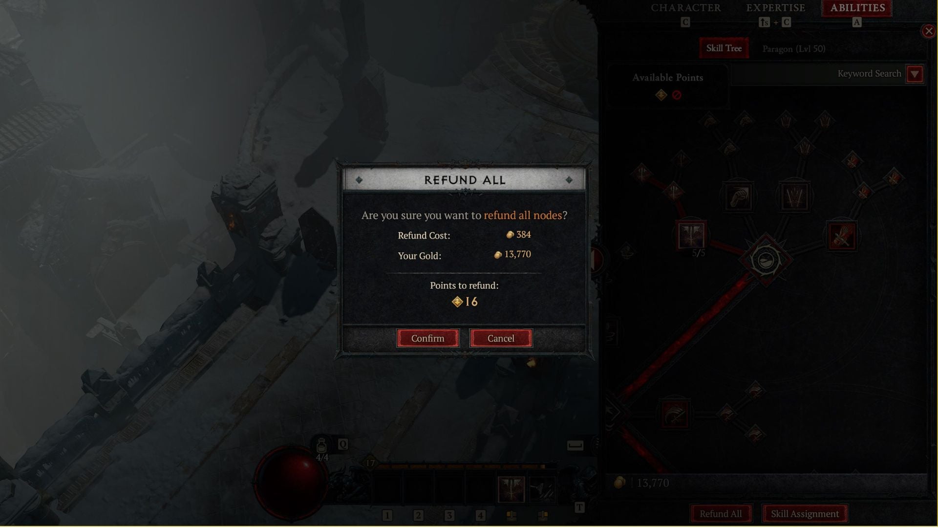 A Diablo 4 respec dialogue box showing the costs to refund all skills. - 5