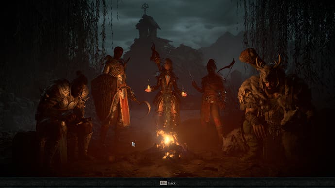 Diablo 4 screenshot showing the five characters on the characlter select screen, left to right: barbarian, necromancer, sorcerer, rogue, and druid.