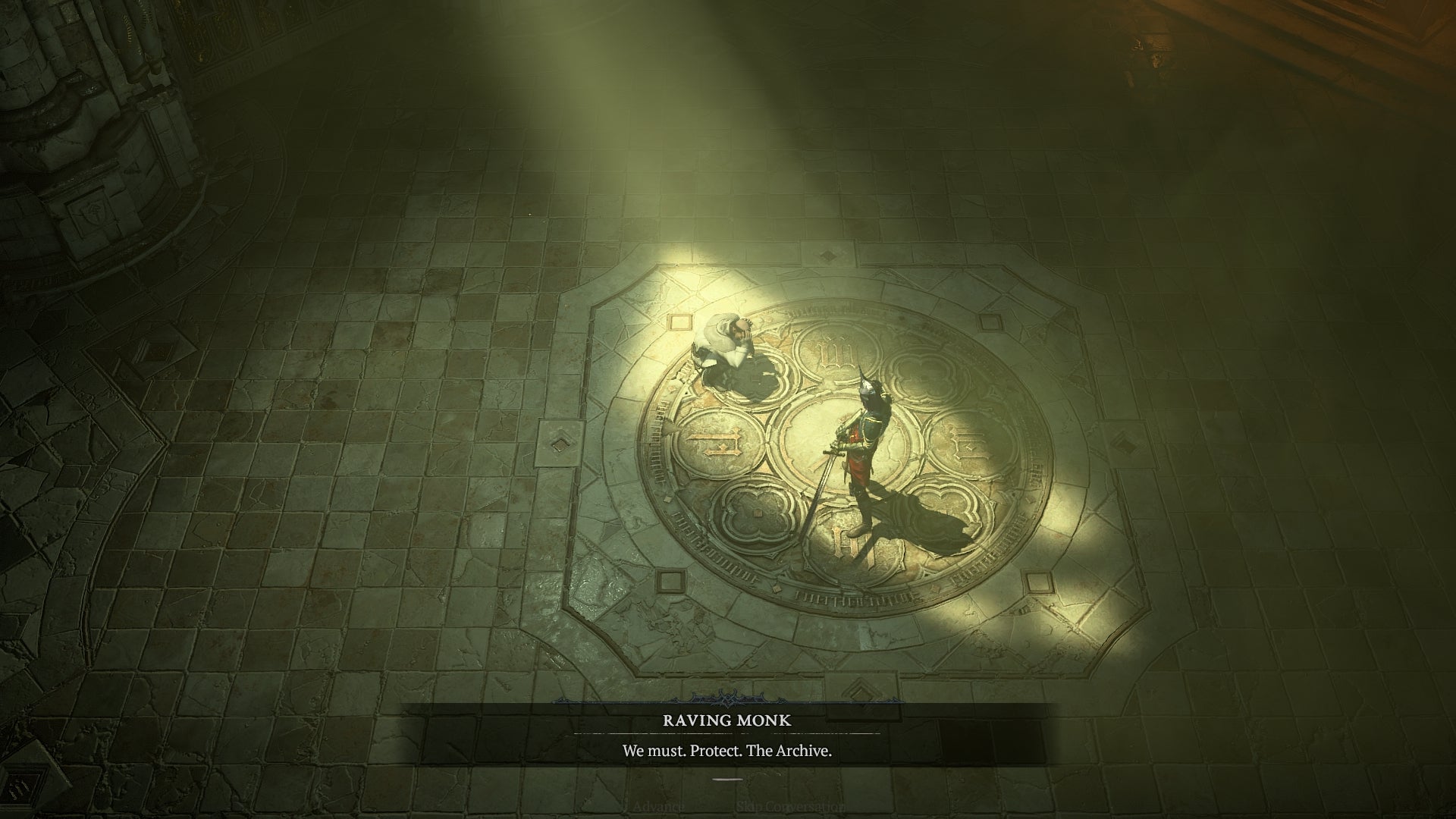 Diablo 4 screenshot showing a crouched monk saying &lsquo;we must protect the archive&rsquo; and my Necromancer character beside him, lit by a single god-ray through a high window
