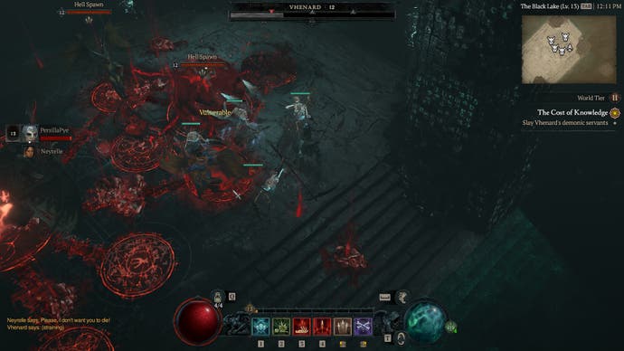 Diablo 4 screenshot showing hard-to-read combat in a boss fight, with various blood-based enemies and piles of bloody corpses on the floor created by the necromancer