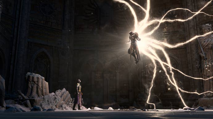 Diablo 4 screenshot showing a dramatic side-on view of Inarius, top right, descending to adress my Necromancer character, bottom-left