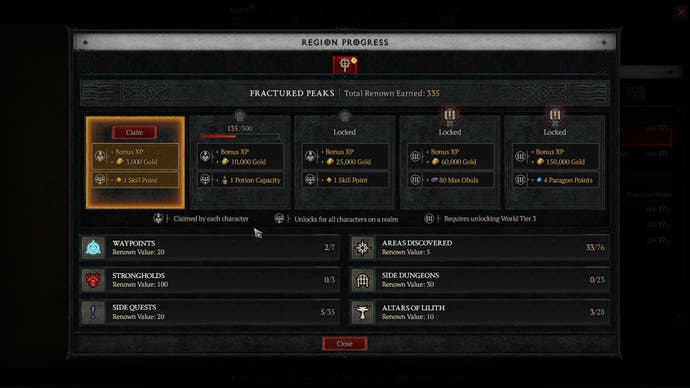 Diablo 4 screenshot showing the region progress screen and first reward tier being reached, with a range of objectives and rewards