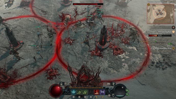Diablo 4 screenshot showing a world event with some stone columns surrounded by red circles, with the objective to survive for another 51 seconds.