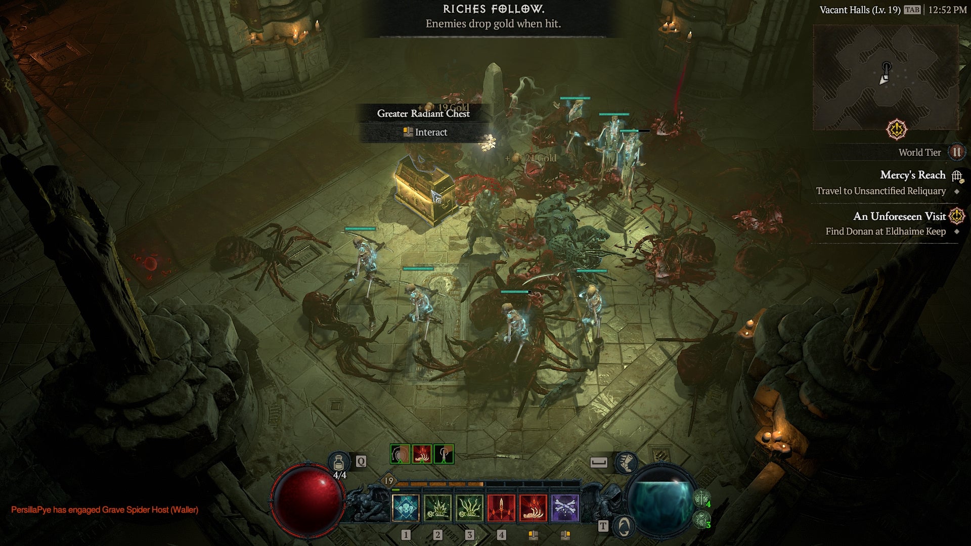 Diablo 4 screenshot showing a green-grey room with a Greater Radiant chest, the Necromancer&rsquo;s skeleton companions, and various slain spider corpses