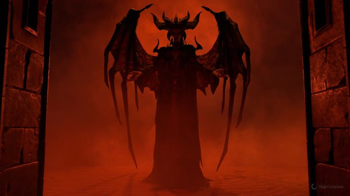 Diablo 4 screenshot showing the winged silhouette of the demon Lilith against a smokey, blood red background of a doorway
