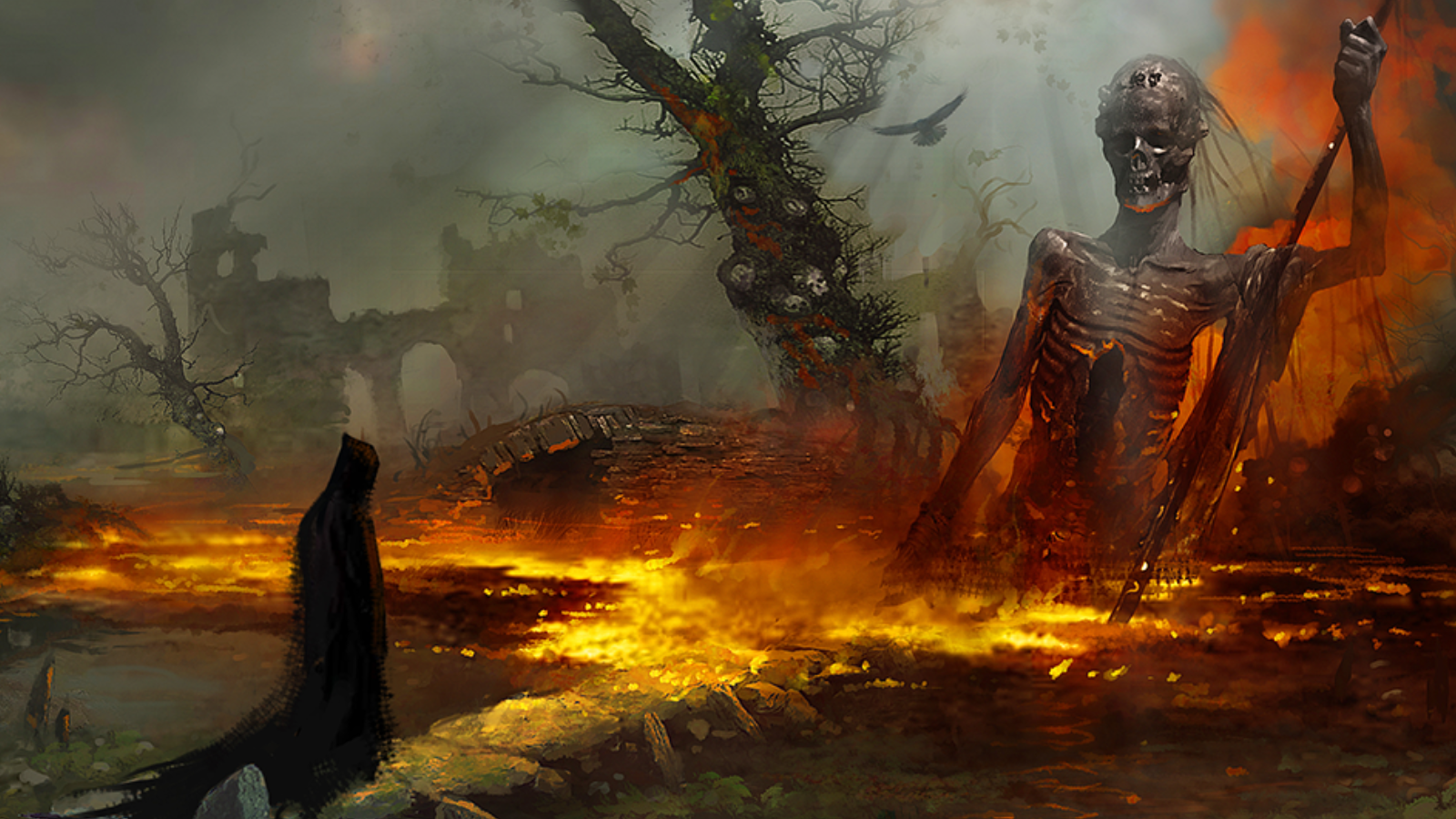 Diablo 4 Sanctuary, with lava and giant skeleton