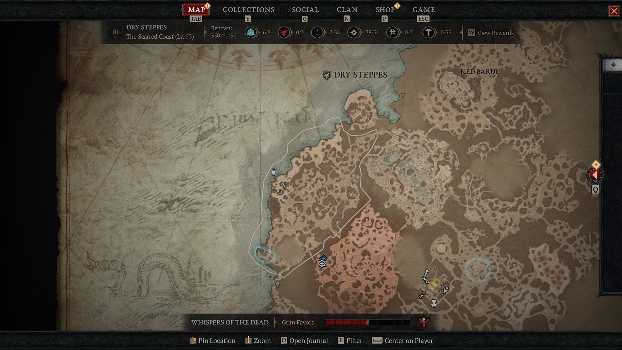 The map of Sanctuary as it appears in Diablo 4, with the Scarred Coast sub-area of the Dry Steppes region highlighted. - 4