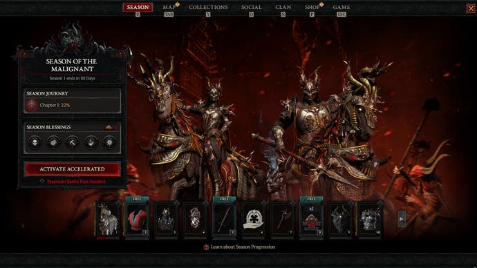 Diablo 4 season 1 screen showing the Season hub page featuring battle pass and extremely elaborate premium armour